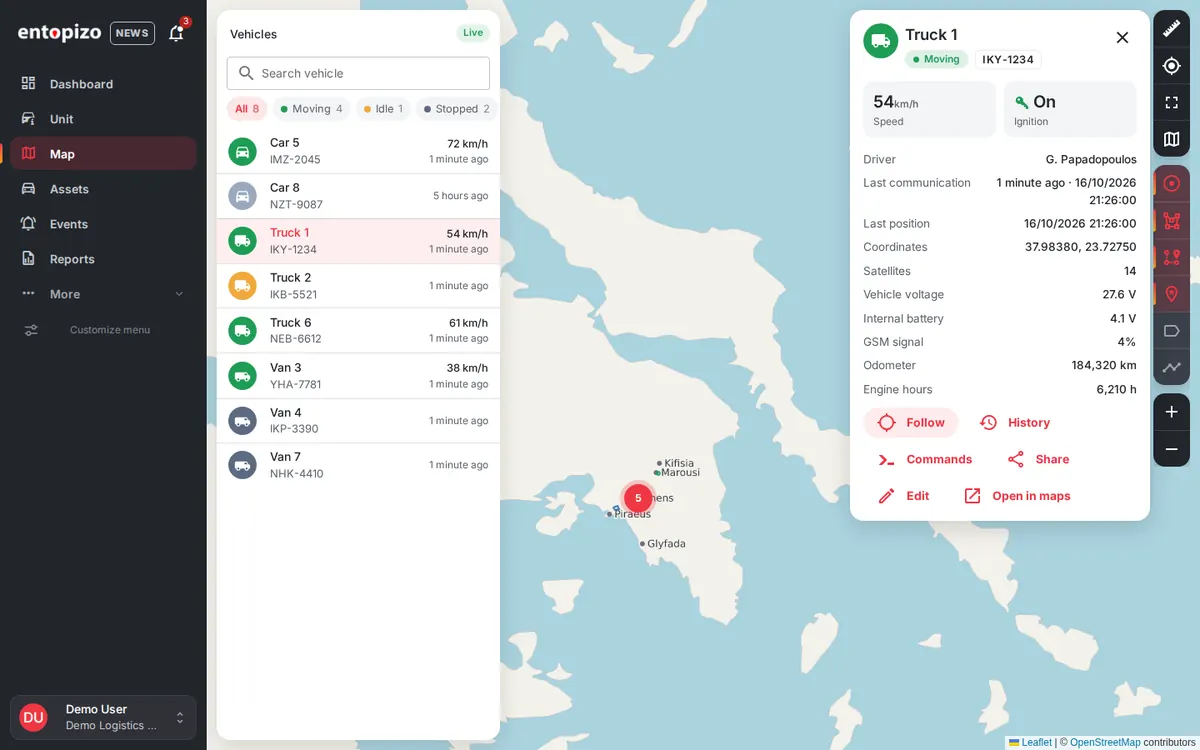 Mappa in tempo reale di Entopizo Pro con elenco veicoli e scheda veicolo
